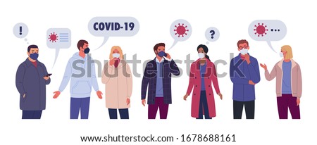 Discussion of Coronavirus. Vector illustration of cartoon multiethnic group of people talking and thinking about covid-19. Isolated on white