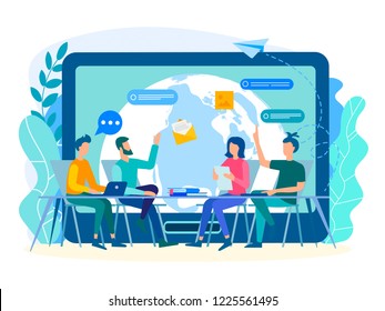 Discussion of current tasks by employees in the office with the help of modern technologies of gadgets, social media, the Internet. In touch with the whole world concept. Vector illustration.
