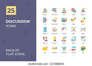 Colección de iconos planos de discusión. Set contiene íconos como charla, chat, conversación, videollamada, reunión y más.