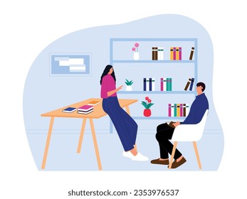 Discussion with friends in the campus library, expressing each other's opinions, social activity vector illustration.