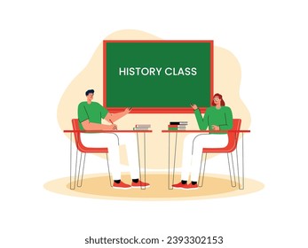 Discussion with friends during history lessons, discussing important points in understanding material, school vector illustration.