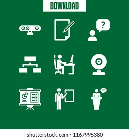 discussion icon. 9 discussion vector set. manager, webcam, workplace and man with a question in speech bubble icons for web and design about discussion theme