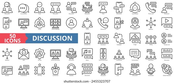 Discussion icon collection set. Containing conversation, chat, social media, phone call, social, online meeting, user icon. Simple line vector.