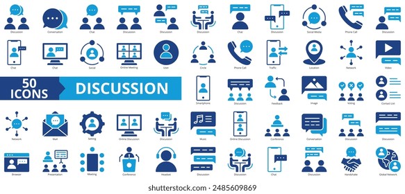 Discussion icon collection set. Containing conversation, chat, social media, phone call, social, online meeting, user icon. Simple flat vector.