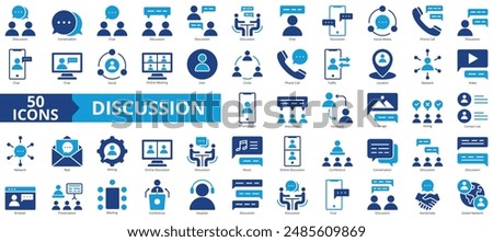 Discussion icon collection set. Containing conversation, chat, social media, phone call, social, online meeting, user icon. Simple flat vector.