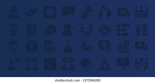 discussion icon set. 32 filled discussion icons. on blue background style Simple modern icons about  - Employee, Presentation, Director, Add user, Chat, Speaker, Question, Message