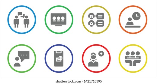 discussion icon set. 8 filled discussion icons.  Collection Of - Conversation, Blogger, Presentation, Message, Comments, Add user, Employee, Meeting