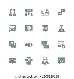 discussion icon set. Collection of 16 filled discussion icons included Quote, Meeting, Chatting, Chat, Profile, Conversation, Person, Commentator, Presentation, Dialogue, Workplace