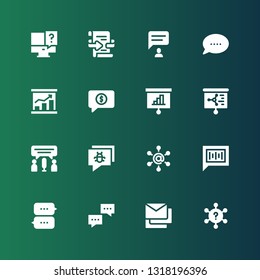 discussion icon set. Collection of 16 filled discussion icons included Question, Messages, Dialogue, Chat, Communication, Presentation, Conversation, Feedback