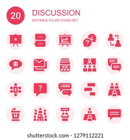 discussion icon set. Collection of 20 filled discussion icons included Presentation, Chat, Discussion, Messages, Bubble, Conference, Meeting, Conversation, Interview