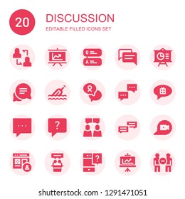 discussion icon set. Collection of 20 filled discussion icons included Discussion, Presentation, Question, Chat, Conversation, Message, Dialogue, Comment, Chatting, Profile, Interview
