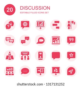 discussion icon set. Collection of 20 filled discussion icons included Chat, Presentation, Leadership, Dialogue, Quote, Meeting, Bubble, Message, Feedback