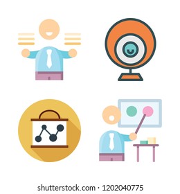 discussion icon set. vector set about people, businessman, webcam and presentation icons set.