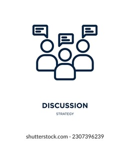 icono de discusión de la colección de estrategias. Discusión lineal delgada, comunicación, icono del contorno de conversación aislado en fondo blanco. Signo de discusión de vector de línea, símbolo para web y móvil