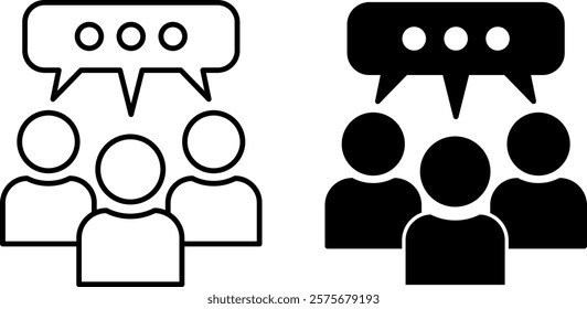 Discussion Icons. Black and White Vector Icons. Group of People in Meeting, Seminar or Conference. Group Talk, Discussing Important Issues. Meeting and Office Concept
