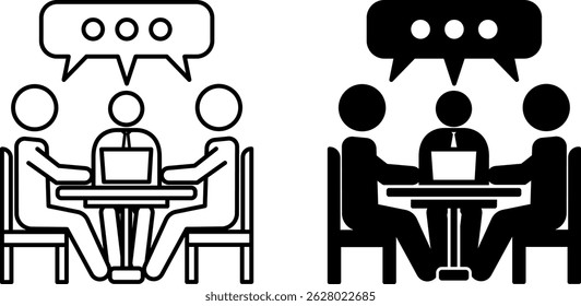 Discussion Icons. Black and White Vector Illustration. People Sitting at a Table and Talking. Meeting, Seminar. Speaking Concept