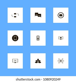 Discussion icons set. atom, arrows, letter and phone on the black