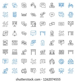 discussion icons set. Collection of discussion with bubbles, presentation, chat, employee, message, conversation, table, people, class. Editable and scalable discussion icons.