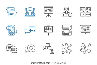 discussion icons set. Collection of discussion with bubbles, chat, presentation, conversation, negotiation, message, employee. Editable and scalable discussion icons.