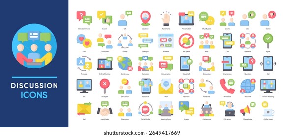 Discussion icons set collection. Including meetings, video calls, chat bubbles, debates, and communication tools. Ideal for teamwork, forums, apps, and business presentations.