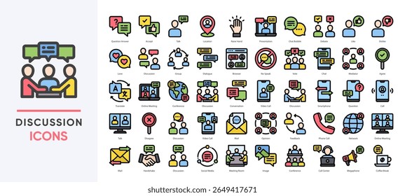 Discussion icons set collection. Including meetings, video calls, chat bubbles, debates, and communication tools. Ideal for teamwork, forums, apps, and business presentations.