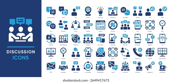 Discussion icons set collection. Including meetings, video calls, chat bubbles, debates, and communication tools. Ideal for teamwork, forums, apps, and business presentations.