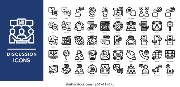 Discussion icons set collection. Including meetings, video calls, chat bubbles, debates, and communication tools. Ideal for teamwork, forums, apps, and business presentations.