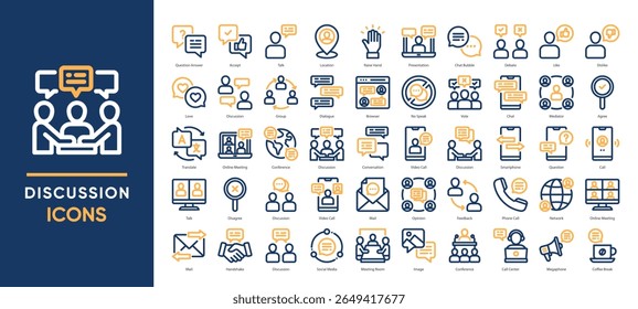 Discussion icons set collection. Including meetings, video calls, chat bubbles, debates, and communication tools. Ideal for teamwork, forums, apps, and business presentations.