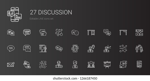 discussion icons set. Collection of discussion with presentation, employee, bubbles, employees, message, chat, quotes, table, dialogue. Editable and scalable discussion icons.