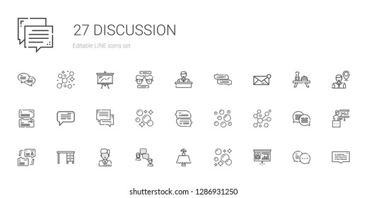 discussion icons set. Collection of discussion with presentation, bubbles, table, chat, employee, dialogue, message, speech bubble. Editable and scalable discussion icons.