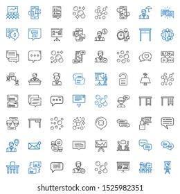 discussion icons set. Collection of discussion with presentation, bubbles, employee, message, dialogue, table, chat, speech bubble, room. Editable and scalable discussion icons.