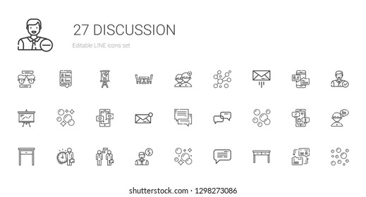 discussion icons set. Collection of discussion with table, message, bubble, employee, conversation, bubbles, chat, presentation, people. Editable and scalable discussion icons.