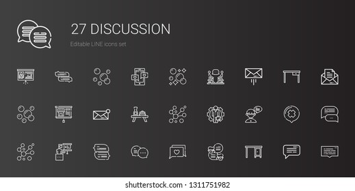 discussion icons set. Collection of discussion with table, chat, presentation, bubbles, employee, message, speech bubble. Editable and scalable discussion icons.