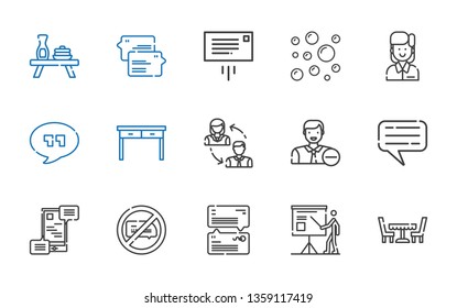 discussion icons set. Collection of discussion with table, presentation, chat, no chatting, communications, employee, employees, quotes. Editable and scalable discussion icons.