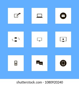 Discussion icons set. computer, feather, phone on the black and speech bubbles