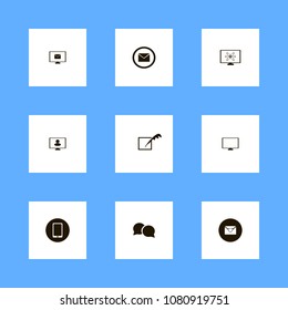 Discussion icons set. global, computer, letter and phone on the black