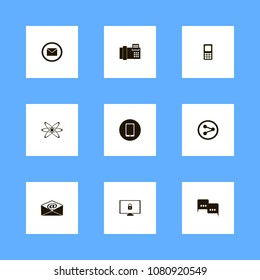 Discussion icons set. letter, phone on the black, fax and computer