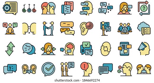 Discussion icons set. Outline set of discussion vector icons thin line color flat on white