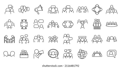 Discussion icons set outline vector. Talking person. Business chat