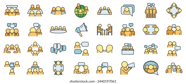 Discussion icons set outline vector. Talking person. Business chat thin line color flat isolated