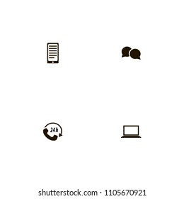 Discussion icons set. round speech bubbles, laptop, phone call and 24 hours