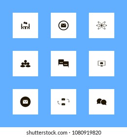 Discussion icons set. valentine card, arrows, atom and letter