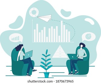 Discussion of investments.Project management analysis. Business concept.People are engaged in analysis and SEO promotion of business projects.Flat vector illustration in the style of hand drawing.