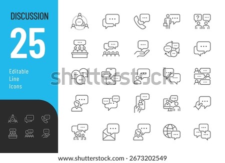 Discussion line Editable Icons set. Vector illustration in modern thin line style of communication related icons: speech bubble, question, answer, video call, and more. Isolated on white background.
