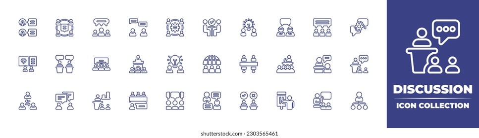 Discussion line icon collection. Editable stroke. Vector illustration. Containing discussion, workshop, meeting, idea, classroom, conference, intermediary, staff meeting, chat, debate, presentation.