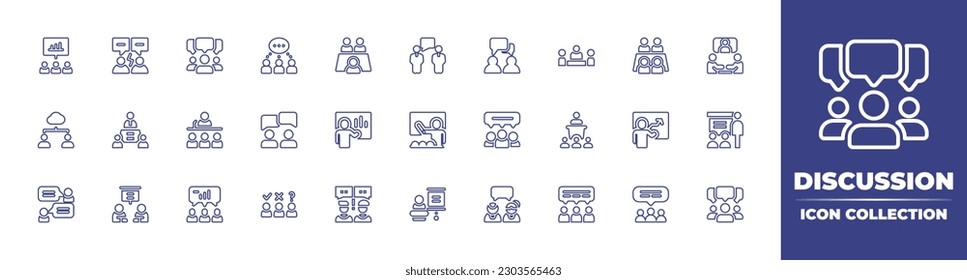 Discussion line icon collection. Editable stroke. Vector illustration. Containing meeting, argue, businessmen, communication, debate, discussion, professional, public, online business, presentation.