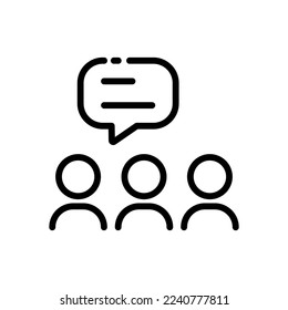 Symbol der Diskussionszeile. Redeblase, Menschen, Personengruppe, Team, Wirtschaft, Ideen, Diskussion, Konferenz, Sitzung, Sitzung. Kommunikationskonzept. Vektorschwarze Linie Symbol auf weißem Hintergrund