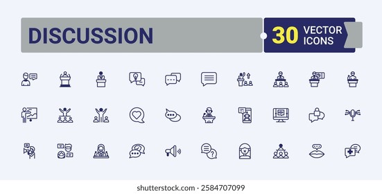 Discussion linear icon. Containing bubble, class, art, speaking, talk, businessman, room, person. Simple icon designs. Vector outline and solid icons collection.