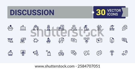 Discussion linear icon. Containing bubble, class, art, speaking, talk, businessman, room, person. Simple icon designs. Vector outline and solid icons collection.