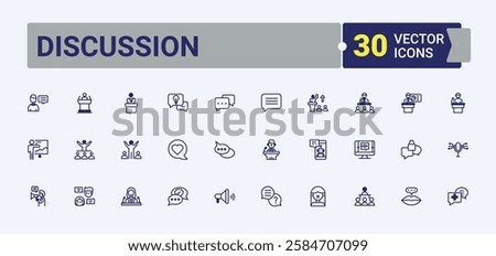 Discussion linear icon. Containing bubble, class, art, speaking, talk, businessman, room, person. Simple icon designs. Vector outline and solid icons collection.